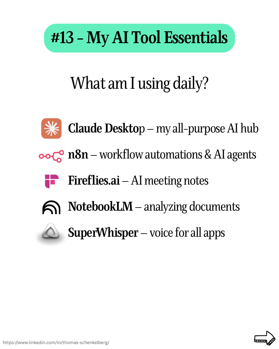 Carousel slide: my daily AI tool essentials - Claude Desktop, n8n, Fireflies.ai, NotebookLM, SuperWhisper.