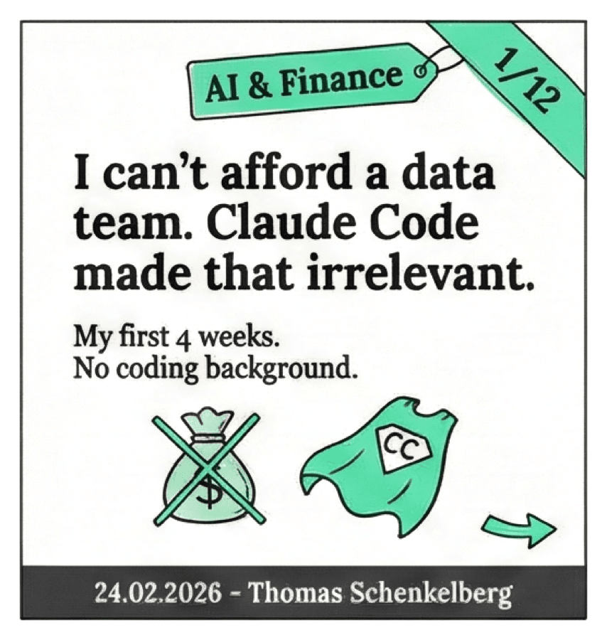 Carousel slide: I can't afford a data team; Claude Code made that irrelevant. My first 4 weeks, no coding background.