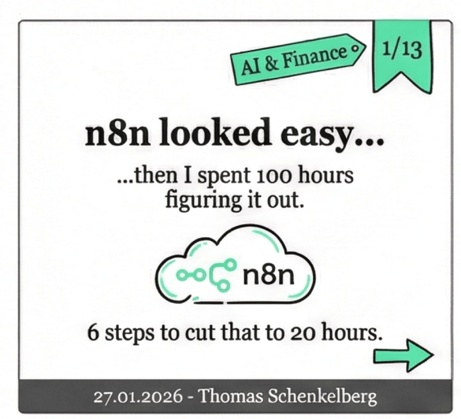 Carousel slide: n8n looked easy, then I spent 100 hours figuring it out; six steps to cut that to 20.