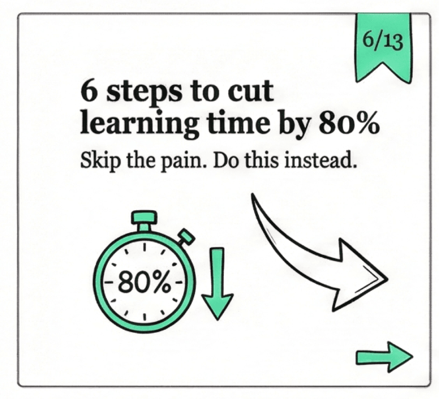 Carousel slide: six steps to cut n8n learning time by 80 percent.